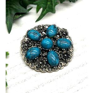 Vintage Round  Floral Design Silver-Tone Brooch Pin With Faux Turquoise Beads